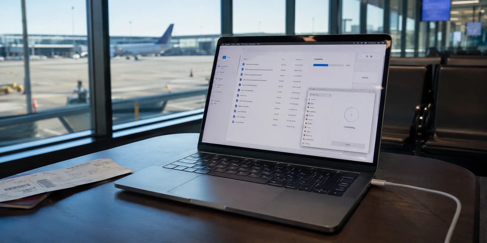 Portátil en un aeropuerto con una subida activa mientras la VPN se reconecta