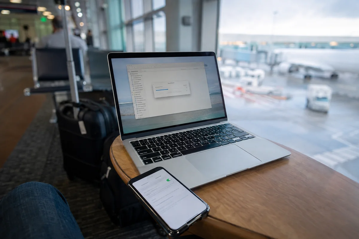 Portátil y teléfono durante el cambio del Wi-Fi del aeropuerto al hotspot