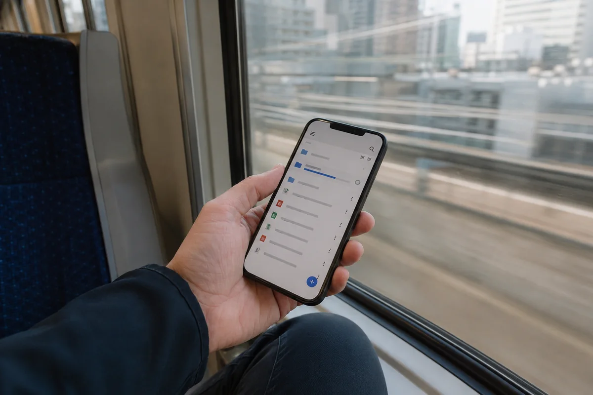 Transferencia de archivos iniciada desde un teléfono durante un viaje en tren