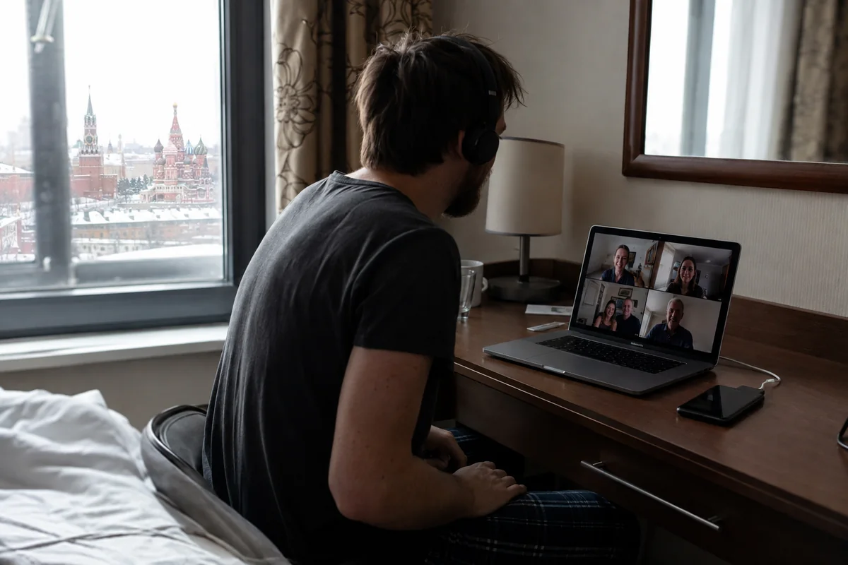 Viajero realizando una videollamada desde una habitación de hotel en Moscú