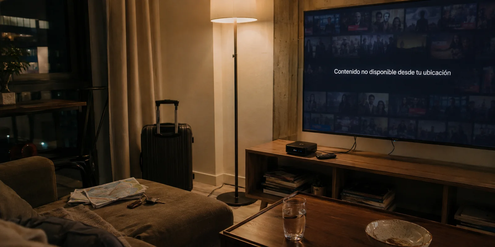Televisor de un Airbnb con el mensaje Contenido no disponible desde tu ubicación