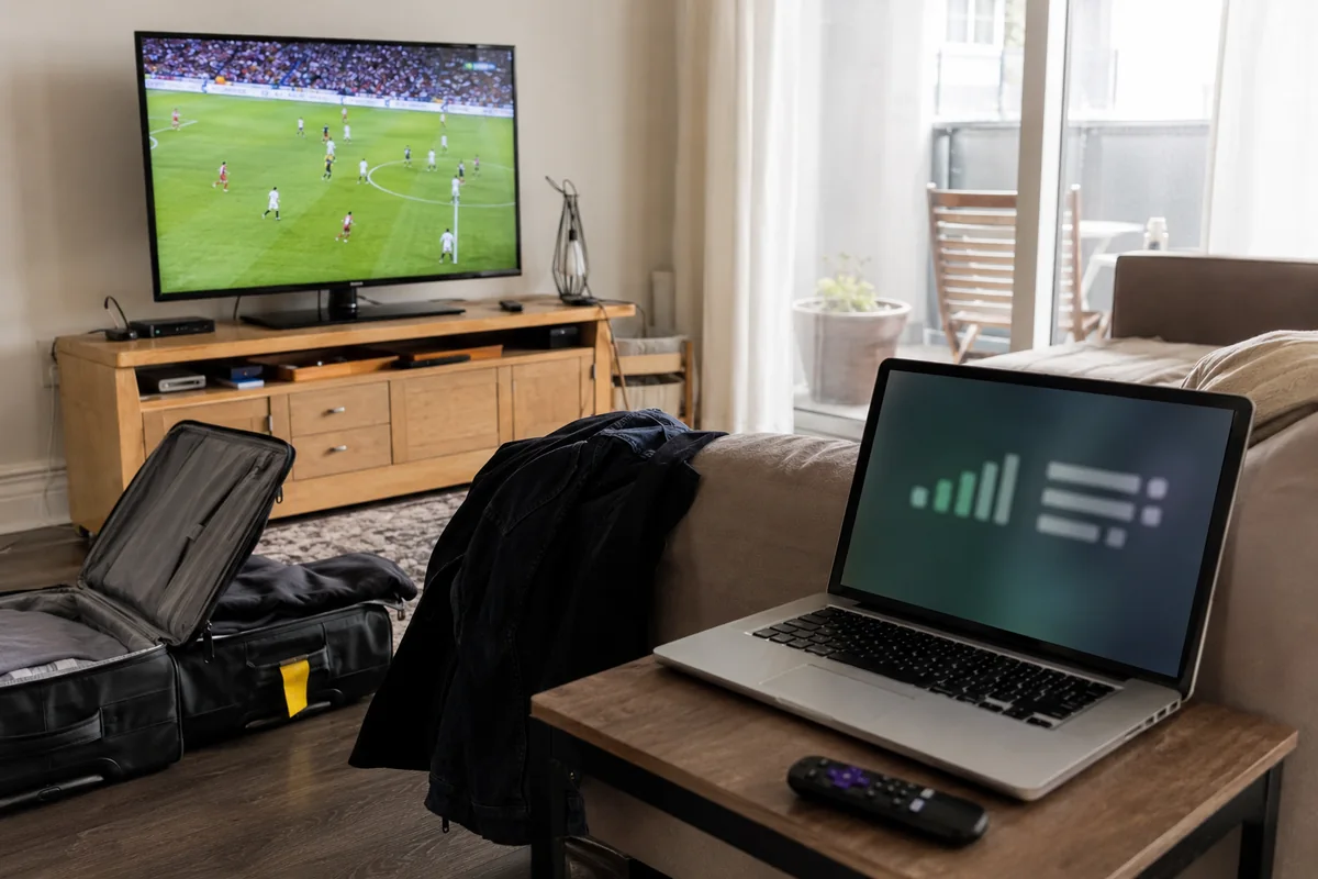 Televisor reproduciendo un partido mientras el portátil comparte la conexión