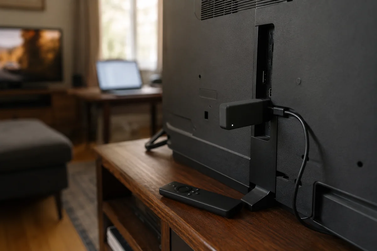 Fire TV Stick conectado directamente detrás de un televisor doméstico