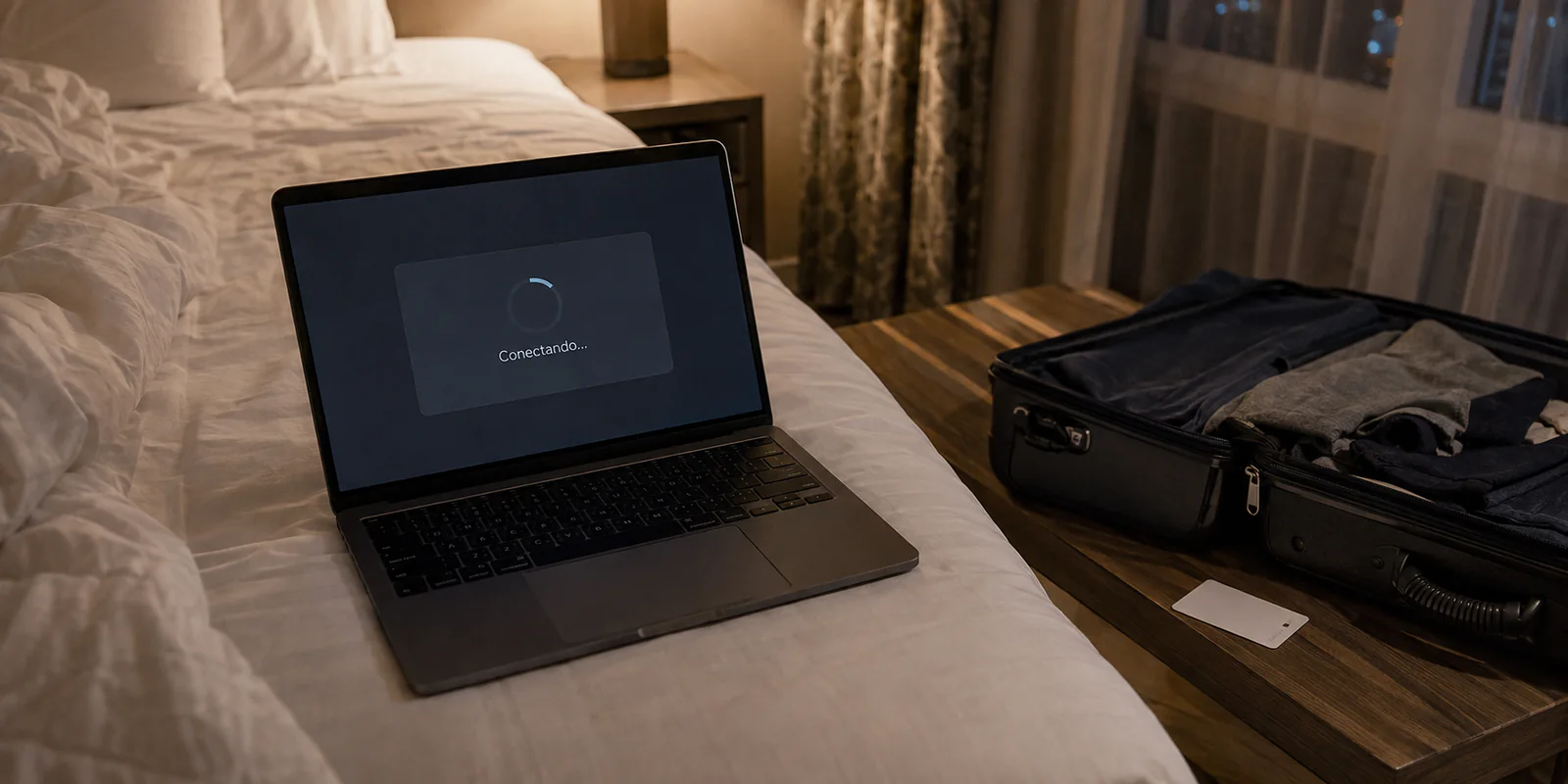Notebook com uma VPN presa em ‘Conectando...’ sobre a cama de um quarto de hotel à noite