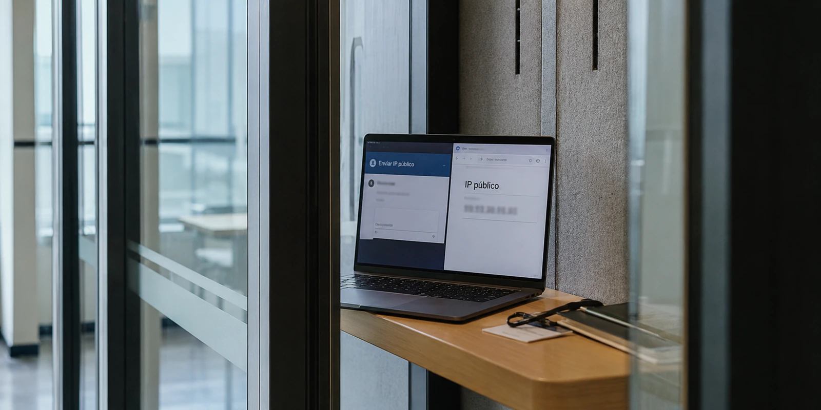 Notebook em uma cabine de coworking mostra um pedido de IP público para liberar o acesso de trabalho