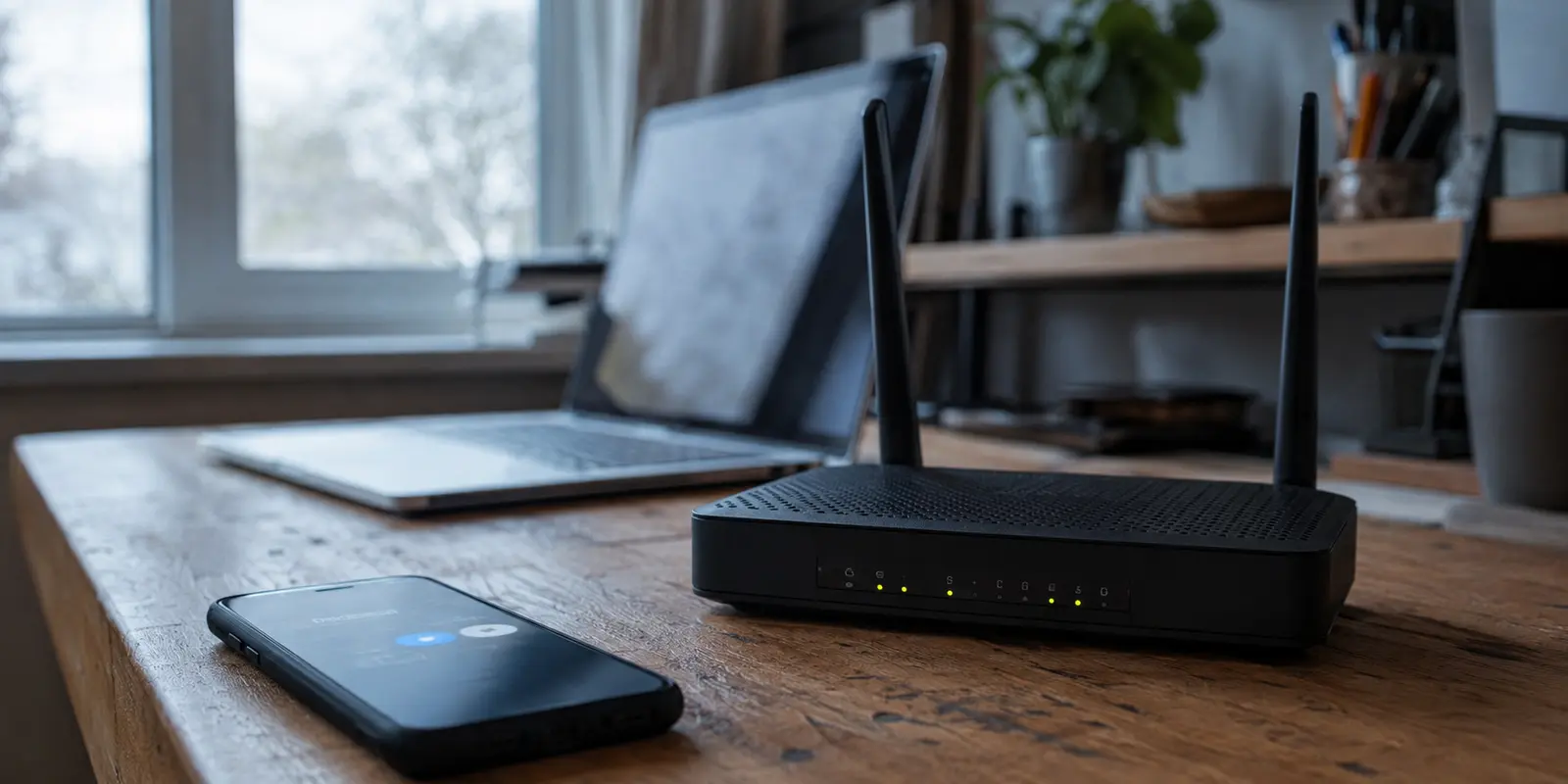 Roteador Wi-Fi e celular preparados para uma troca de rede em um escritório doméstico