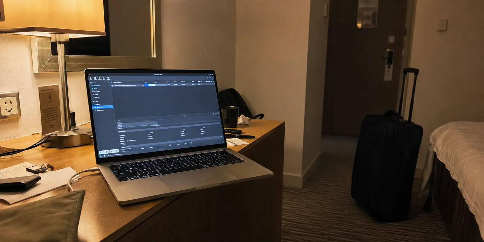 Laptop com download de torrent quase parado sobre a mesa de um quarto de hotel à noite