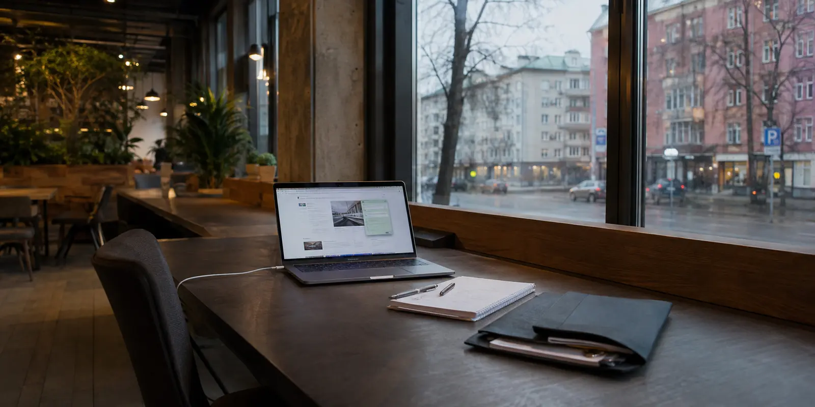 Notebook em um espaço de trabalho em Moscou enquanto a VPN permanece tentando conectar