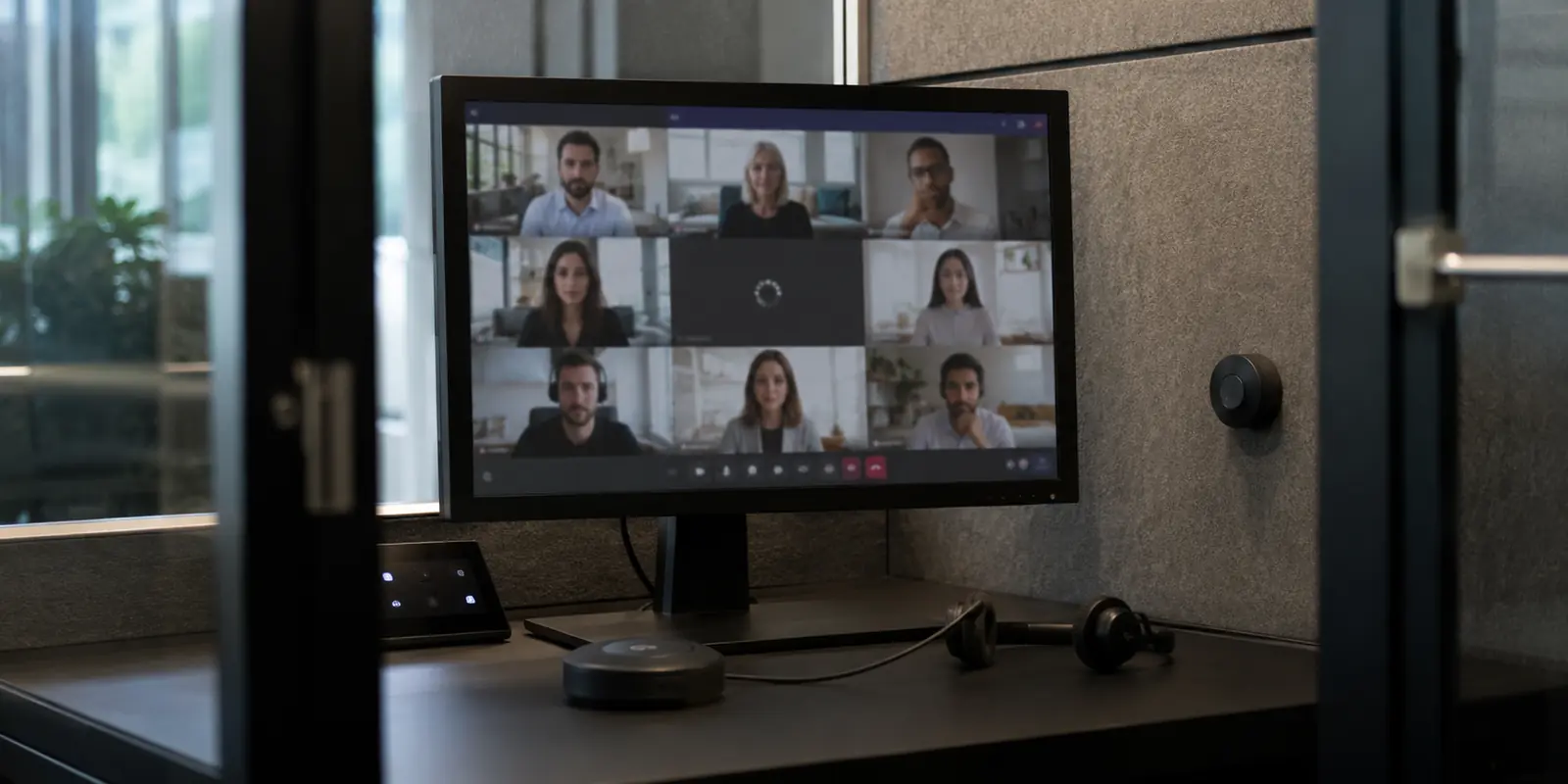 Monitor de mesa em uma cabine de reunião mostrando uma videochamada com sinal de carregamento