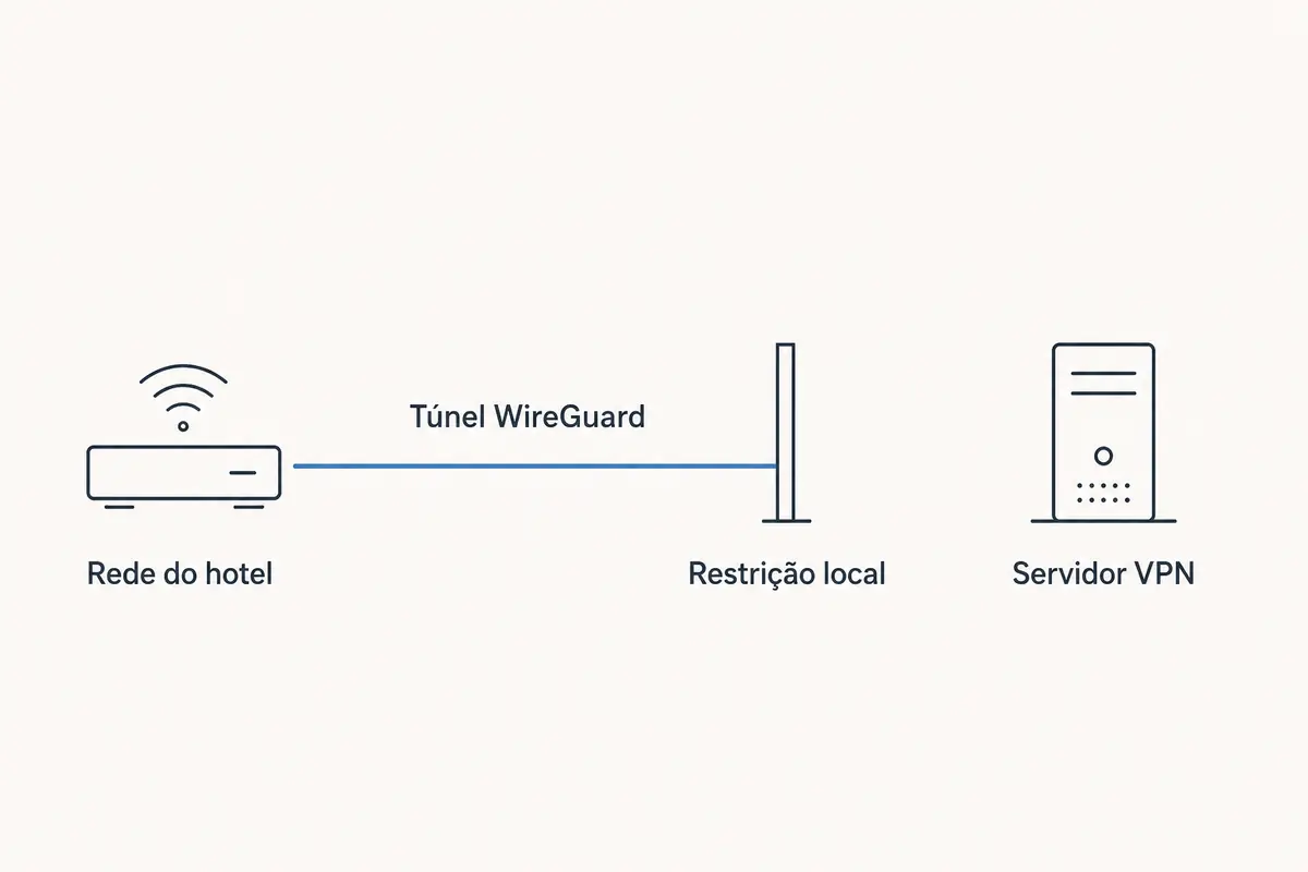 Diagrama mostrando um túnel WireGuard interrompido por uma restrição na rede local antes de alcançar o servidor VPN