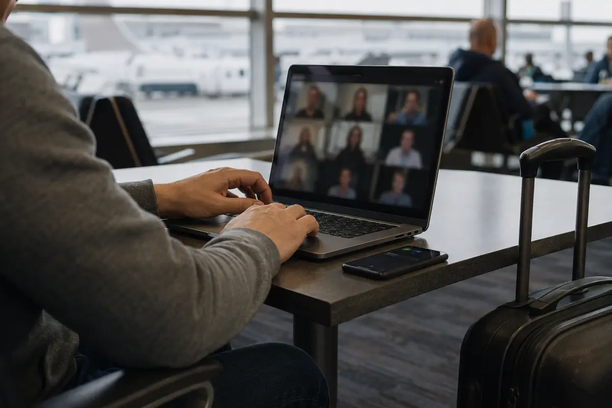 Pessoa continua uma chamada de trabalho no notebook em um aeroporto com o celular ao lado