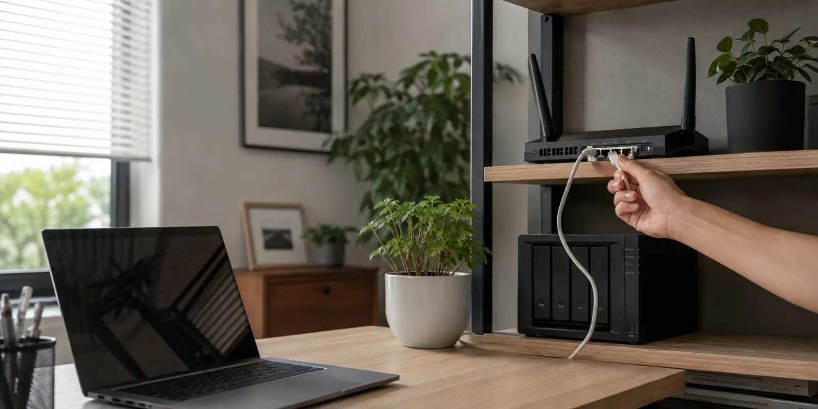 Laptop, rede doméstica e equipamento de armazenamento numa situação real de acesso remoto e transferência.