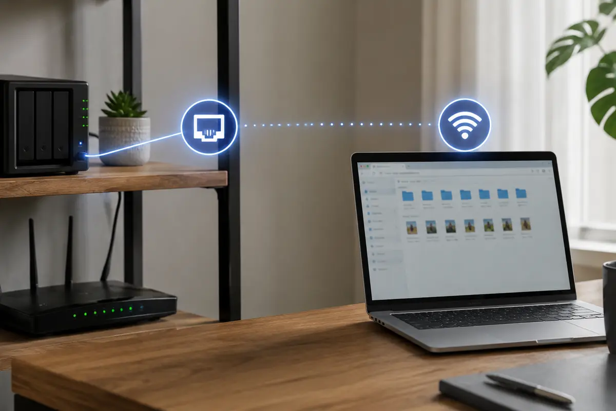Laptop, rede doméstica e equipamento de armazenamento numa situação real de acesso remoto e transferência.