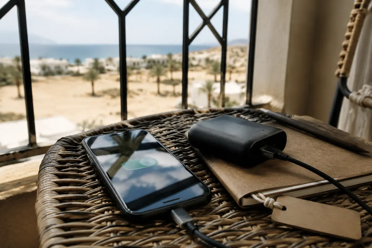 Telefone conectado a uma bateria portátil entre objetos de trabalho em uma varanda de hotel em Sal