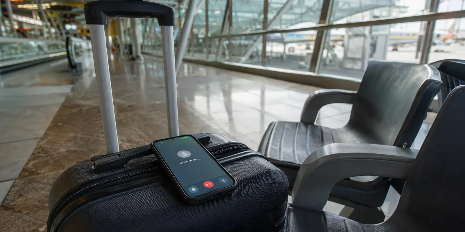 Celular sobre uma mala em um aeroporto com uma chamada do WhatsApp ainda tentando conectar