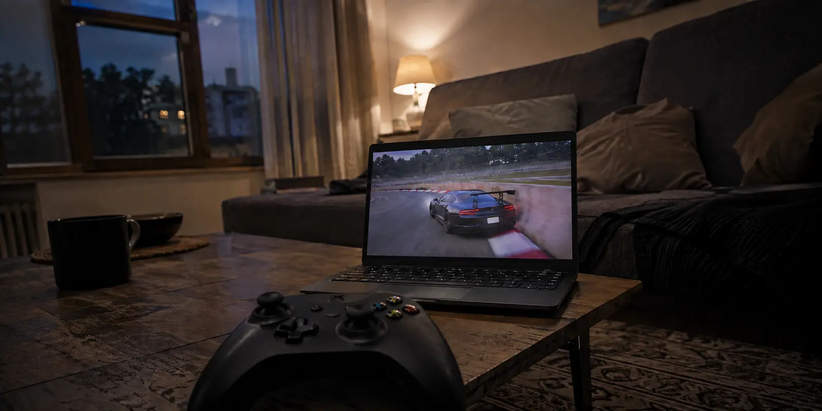 Notebook com jogo de corrida atrasado em uma sala de apartamento alugado, com controle em primeiro plano