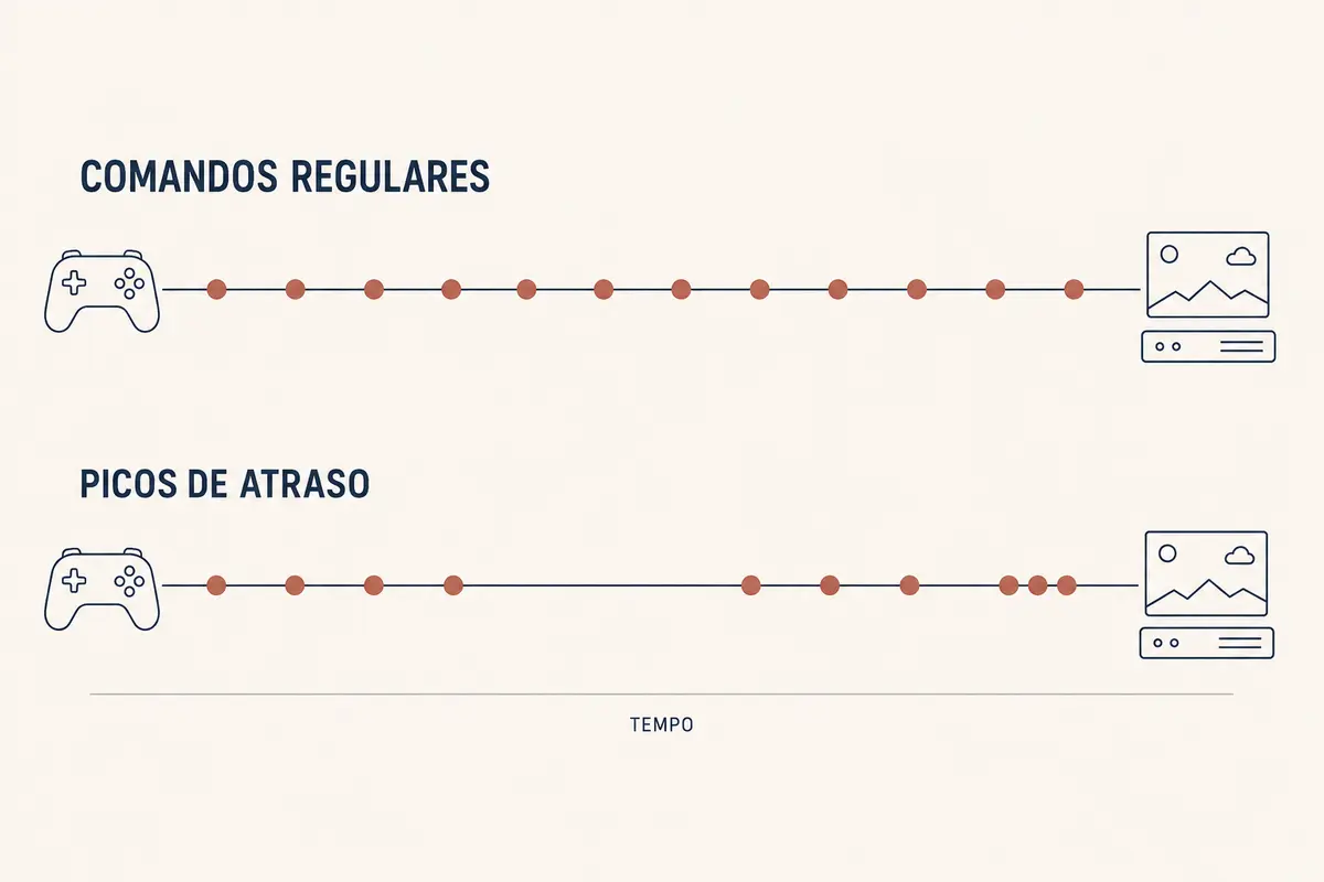 Comparação entre comandos que chegam em intervalos regulares e comandos afetados por picos de atraso
