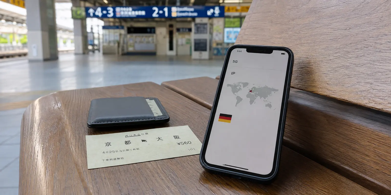 Celular conectado ao 5G em uma estação ferroviária japonesa enquanto o endereço IP aparece em outro país