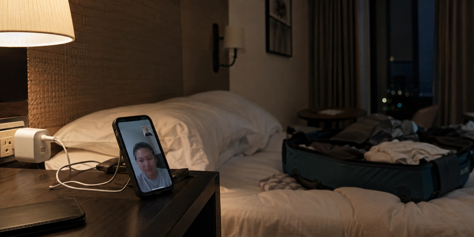 Celular em uma chamada de vídeo congelada sobre a mesa de um quarto de hotel à noite