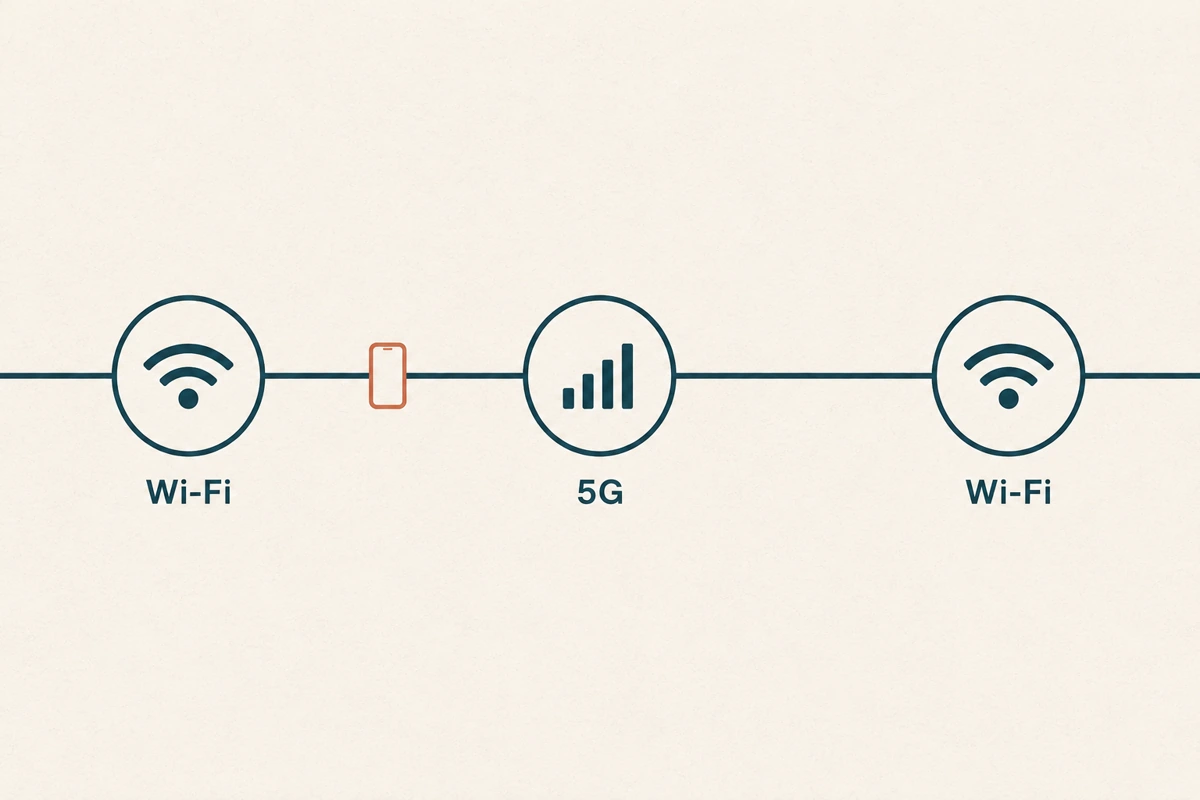 Fluxo contínuo de uma chamada que passa do Wi-Fi para o 5G e volta ao Wi-Fi