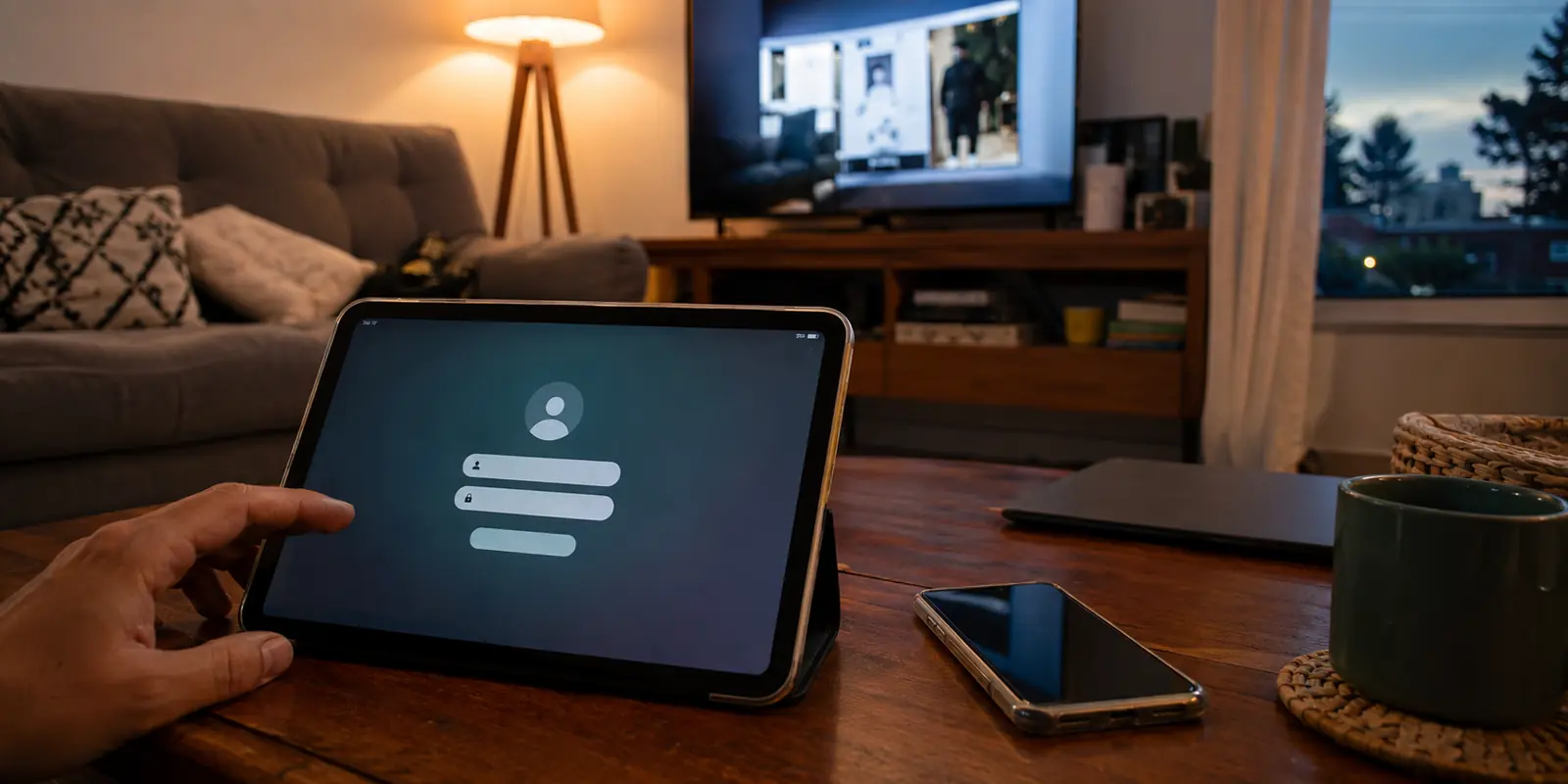 Tablet de uma família parado na tela de login da VPN em uma sala com vários aparelhos