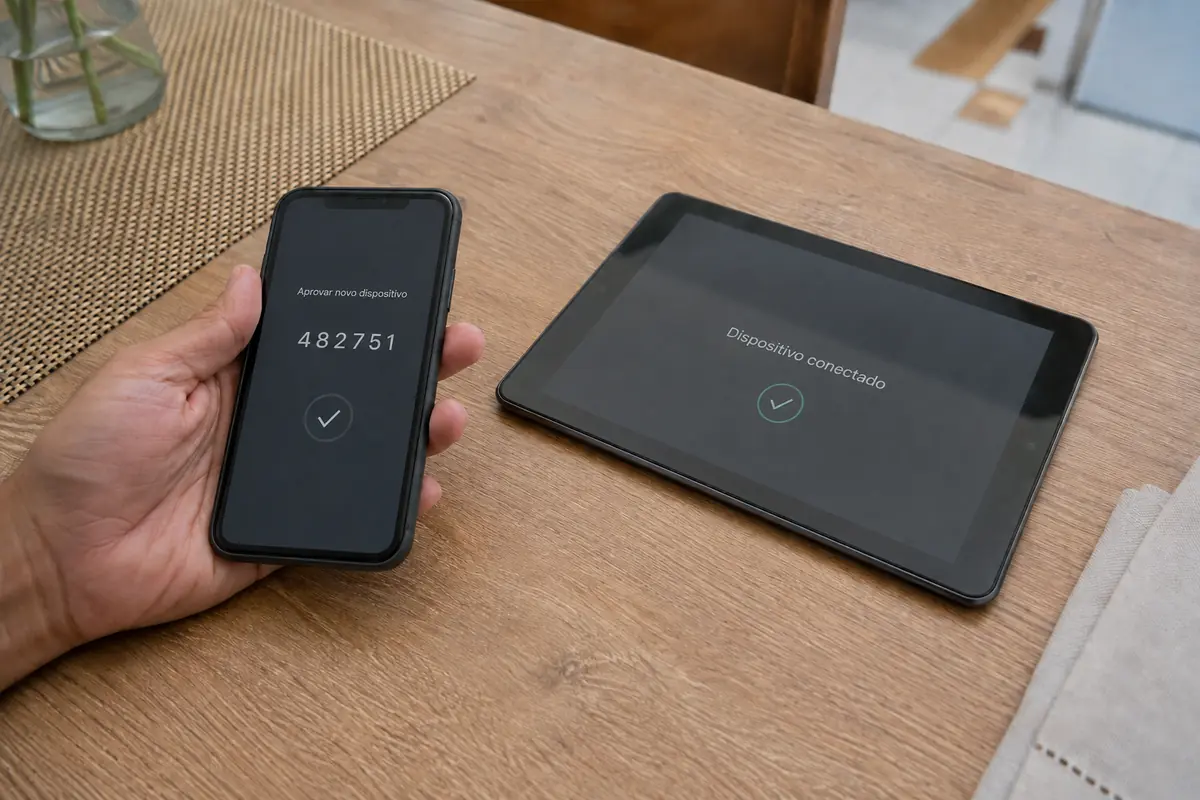 Celular autorizando por código a conexão de VPN em um tablet da família