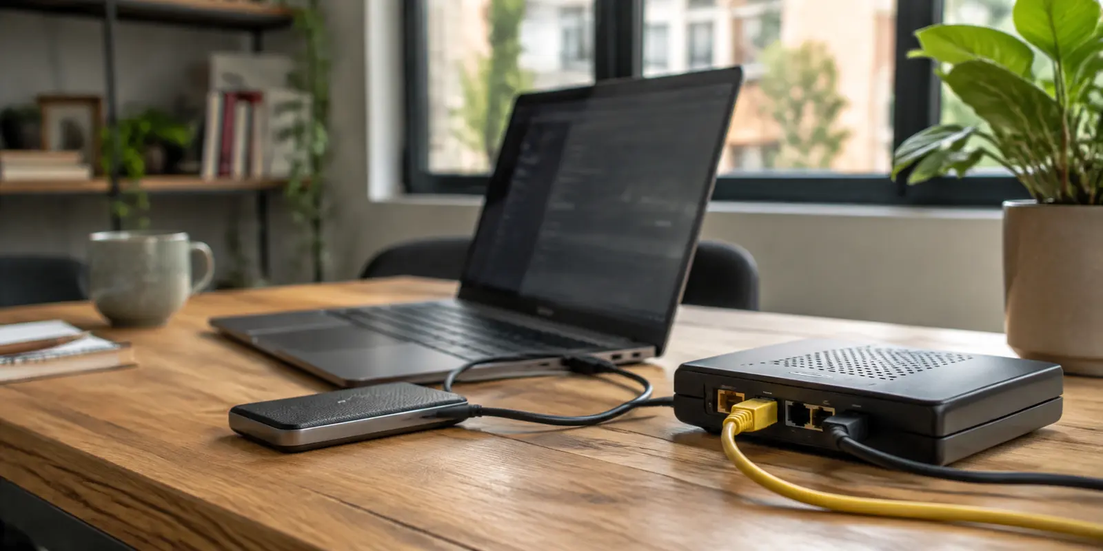 Laptop, rede doméstica e equipamento de armazenamento numa situação real de acesso remoto e transferência.