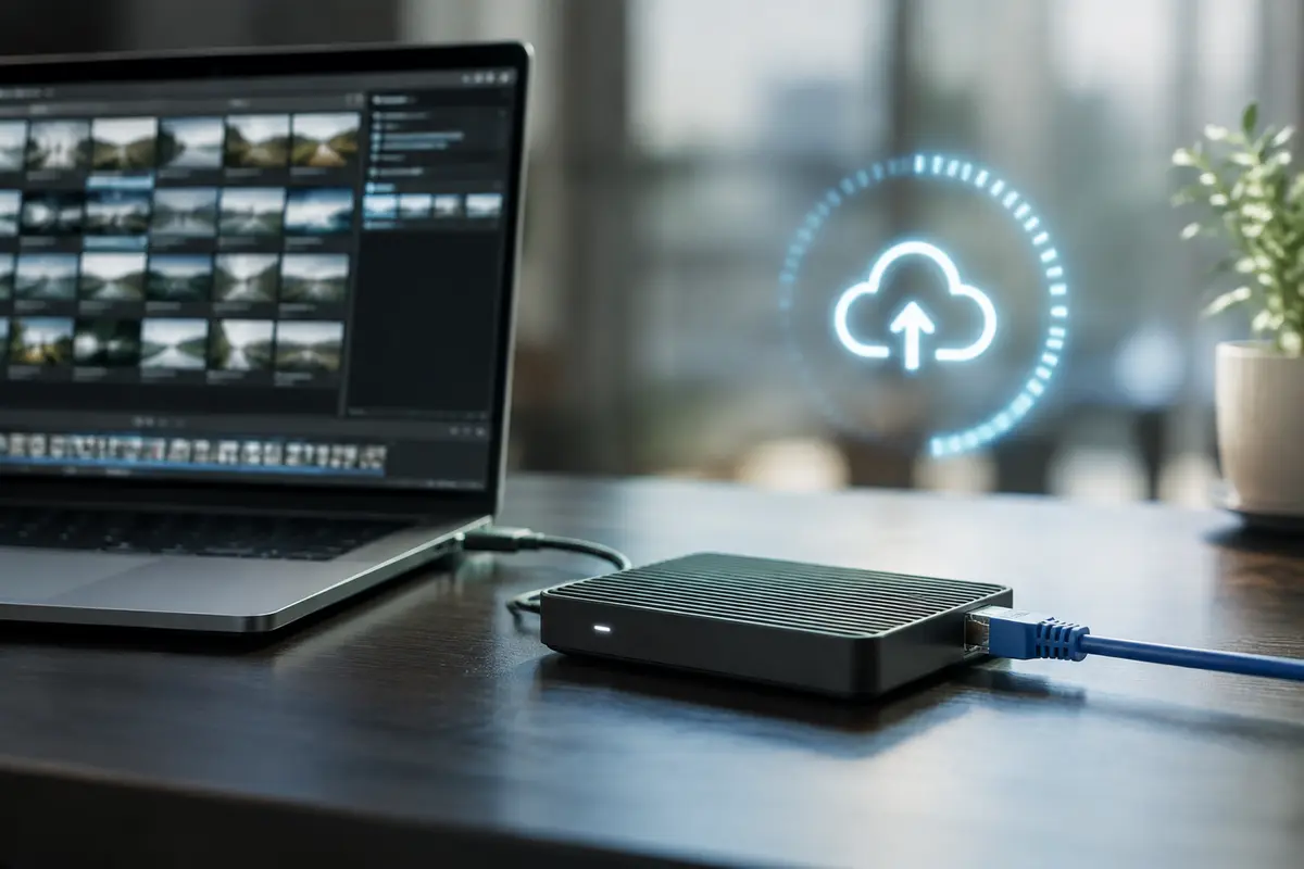 Laptop, rede doméstica e equipamento de armazenamento numa situação real de acesso remoto e transferência.