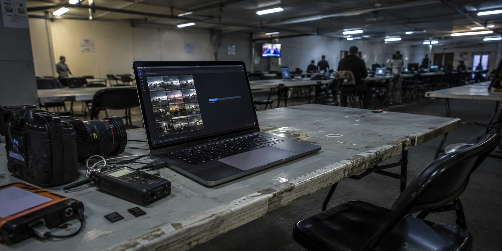 Notebook com envio de reportagem interrompido ao lado de câmera e gravador em um centro de imprensa à noite