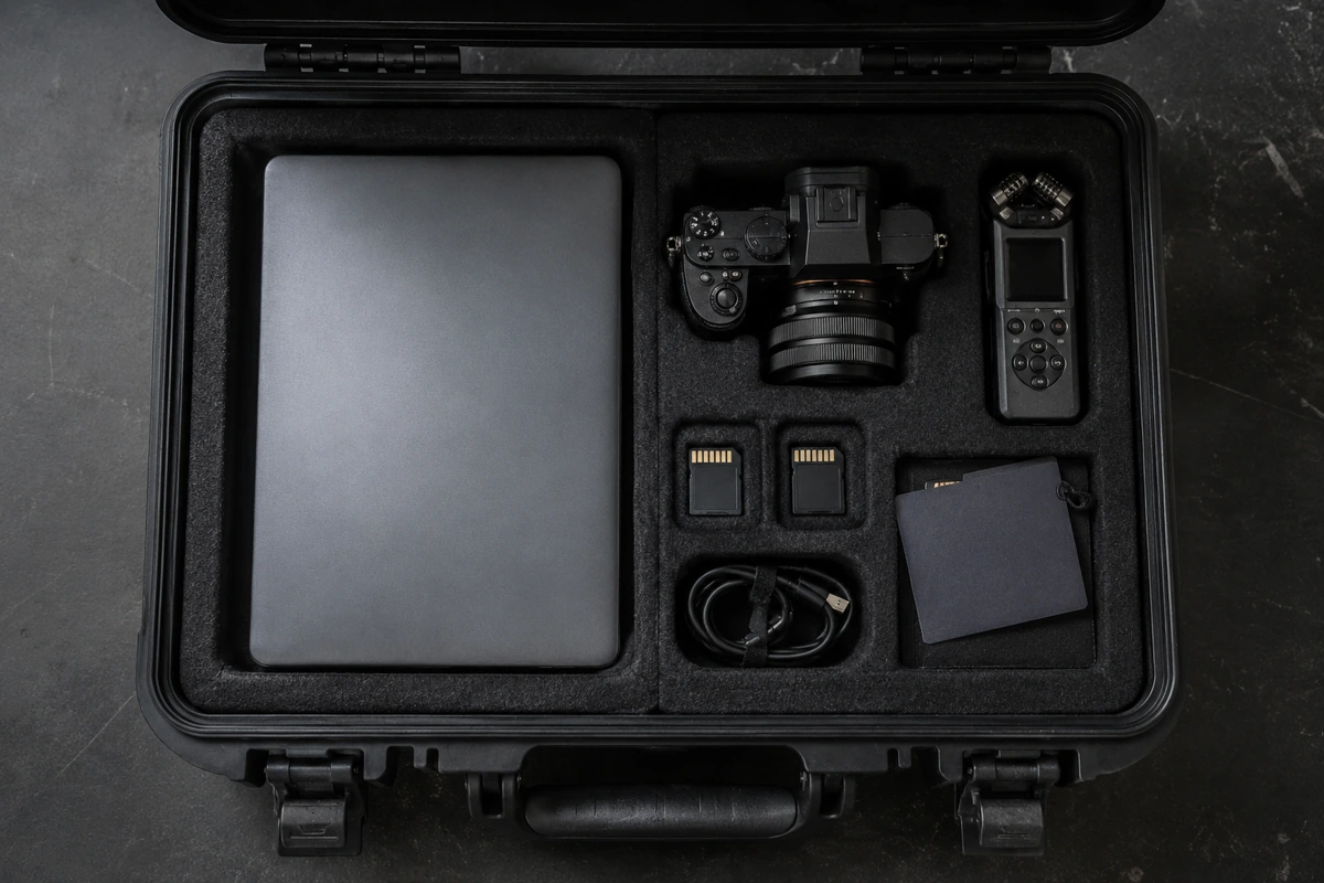 Kit compacto de reportagem com notebook fechado, câmera, gravador e poucos acessórios organizados em uma mala rígida