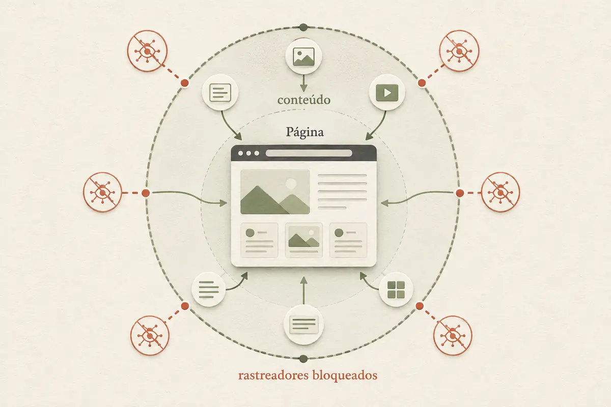 Esquema radial mostrando uma página carregando conteúdo enquanto solicitações de rastreamento são bloqueadas
