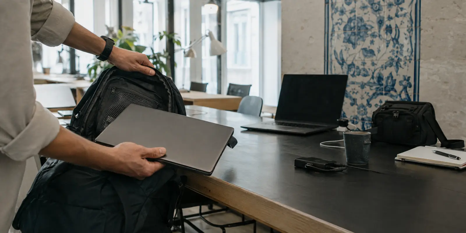 Nômade digital retirando um laptop reserva da mochila ao lado do computador principal com a tela apagada