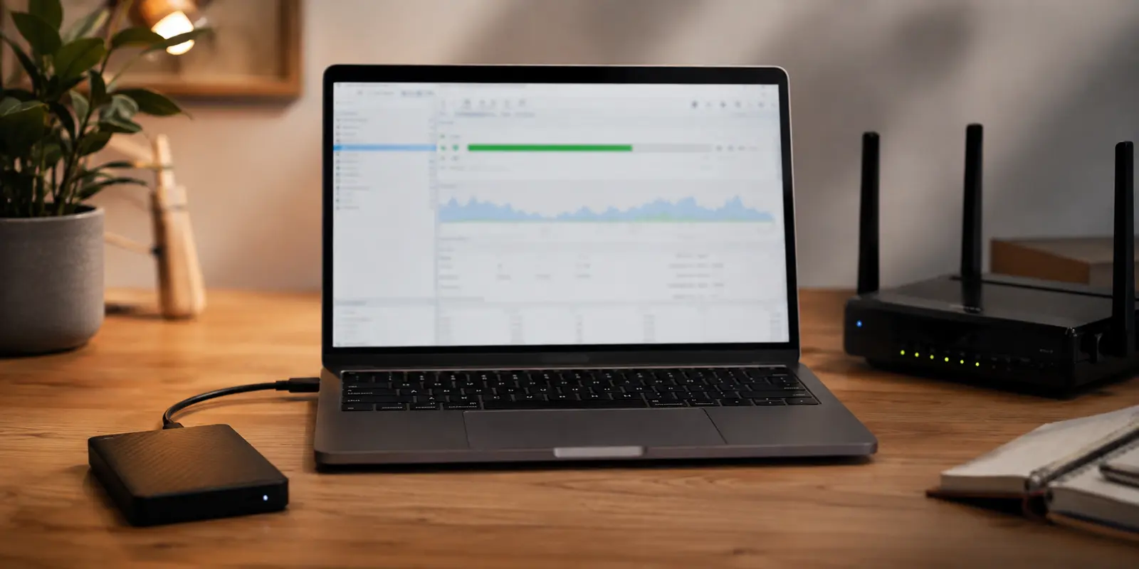 Laptop, rede doméstica e equipamento de armazenamento numa situação real de acesso remoto e transferência.