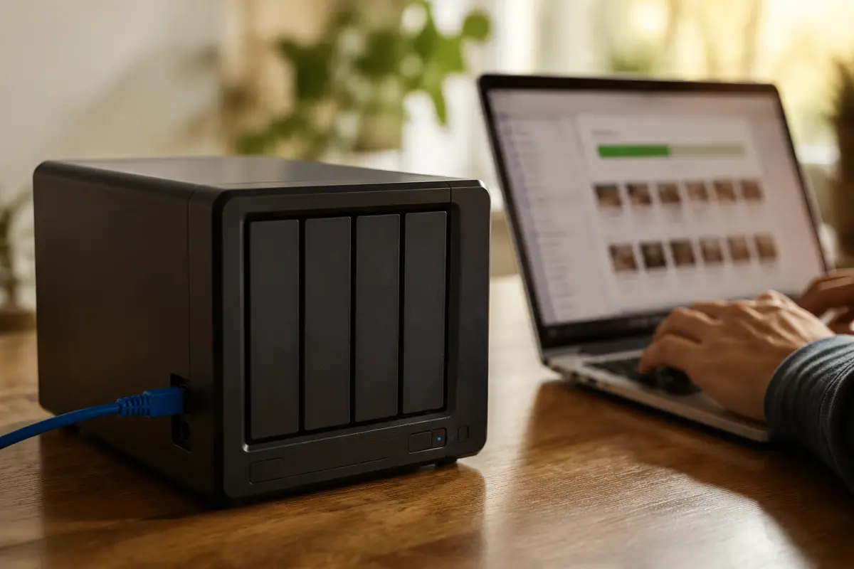 Laptop, rede doméstica e equipamento de armazenamento numa situação real de acesso remoto e transferência.