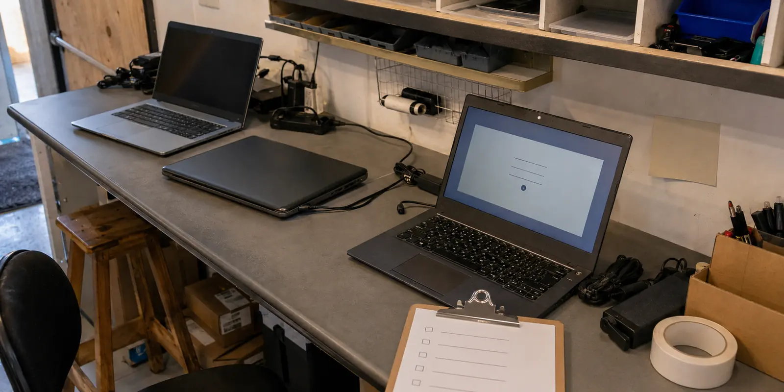 Três notebooks de uma pequena empresa aguardando configuração em uma bancada de trabalho