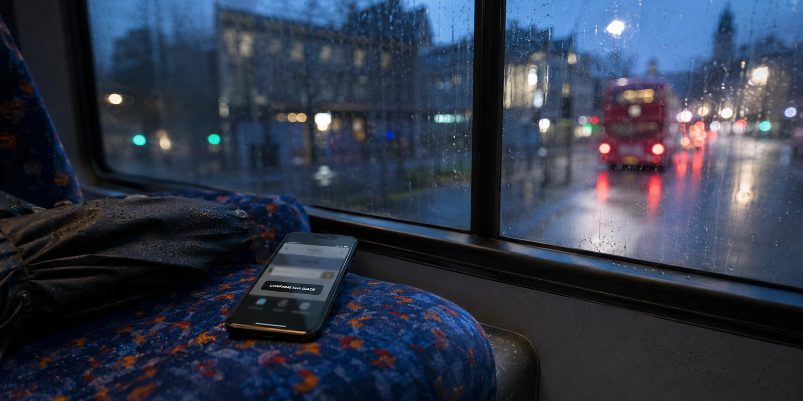 Celular exibindo uma confirmação de idade dentro de um ônibus em uma Londres chuvosa ao anoitecer
