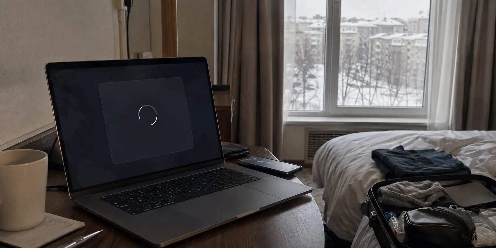 Laptop em um quarto de hotel em Moscou com a conexão VPN presa no carregamento