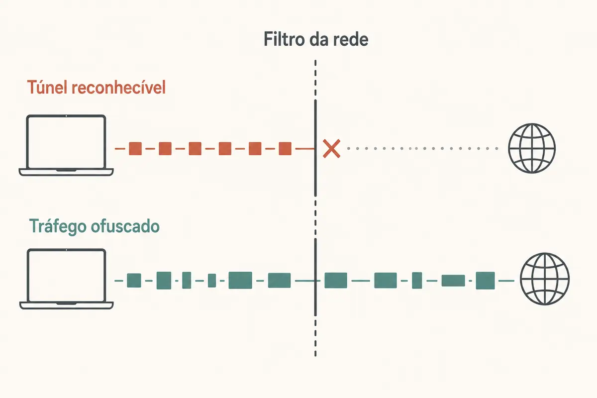 Comparação entre um túnel VPN reconhecível bloqueado pela rede e tráfego ofuscado que atravessa o filtro