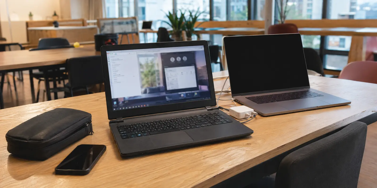 Notebook principal sem iniciar ao lado de um computador reserva em uma mesa de coworking