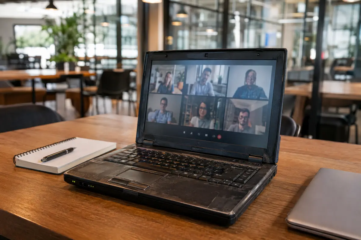 Notebook antigo em uma reunião remota após recuperar o acesso no coworking