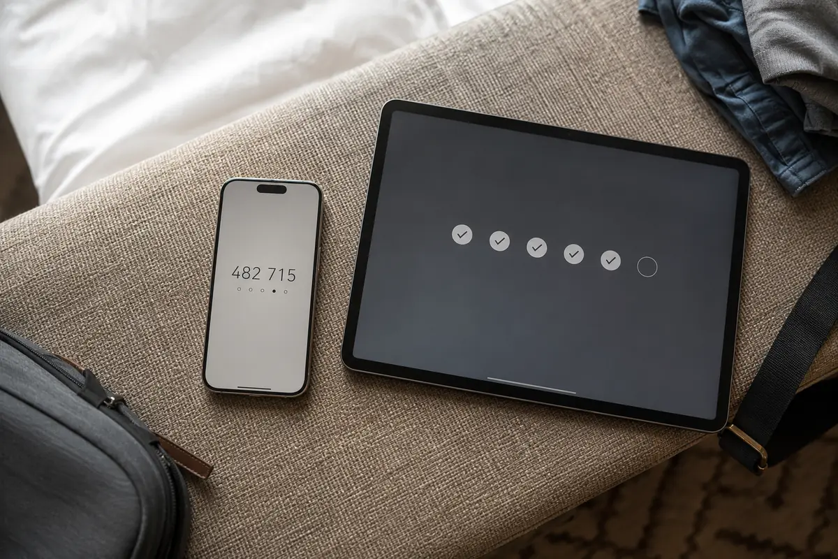 Telefone exibindo um código curto de verificação ao lado de um tablet durante a autorização do novo dispositivo