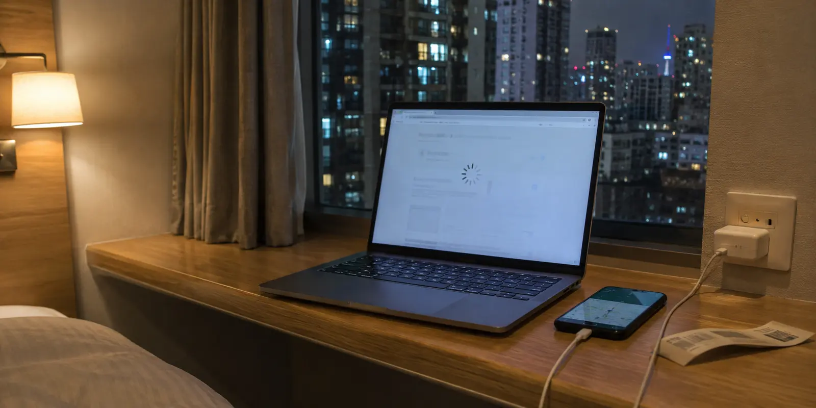Notebook sem concluir o carregamento no Wi-Fi de um hotel em Xangai, ao lado de um celular conectado pelo eSIM