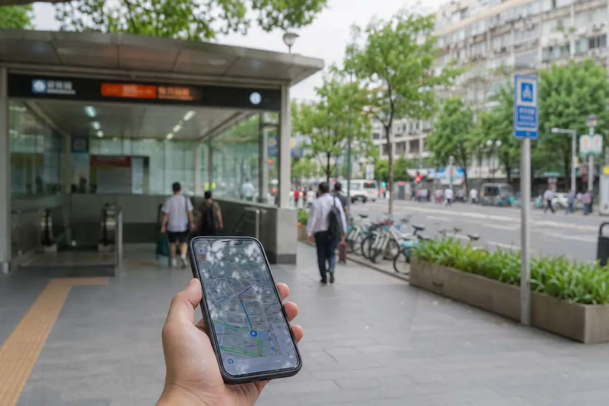 Celular com navegação aberta durante um deslocamento pelas ruas de Xangai