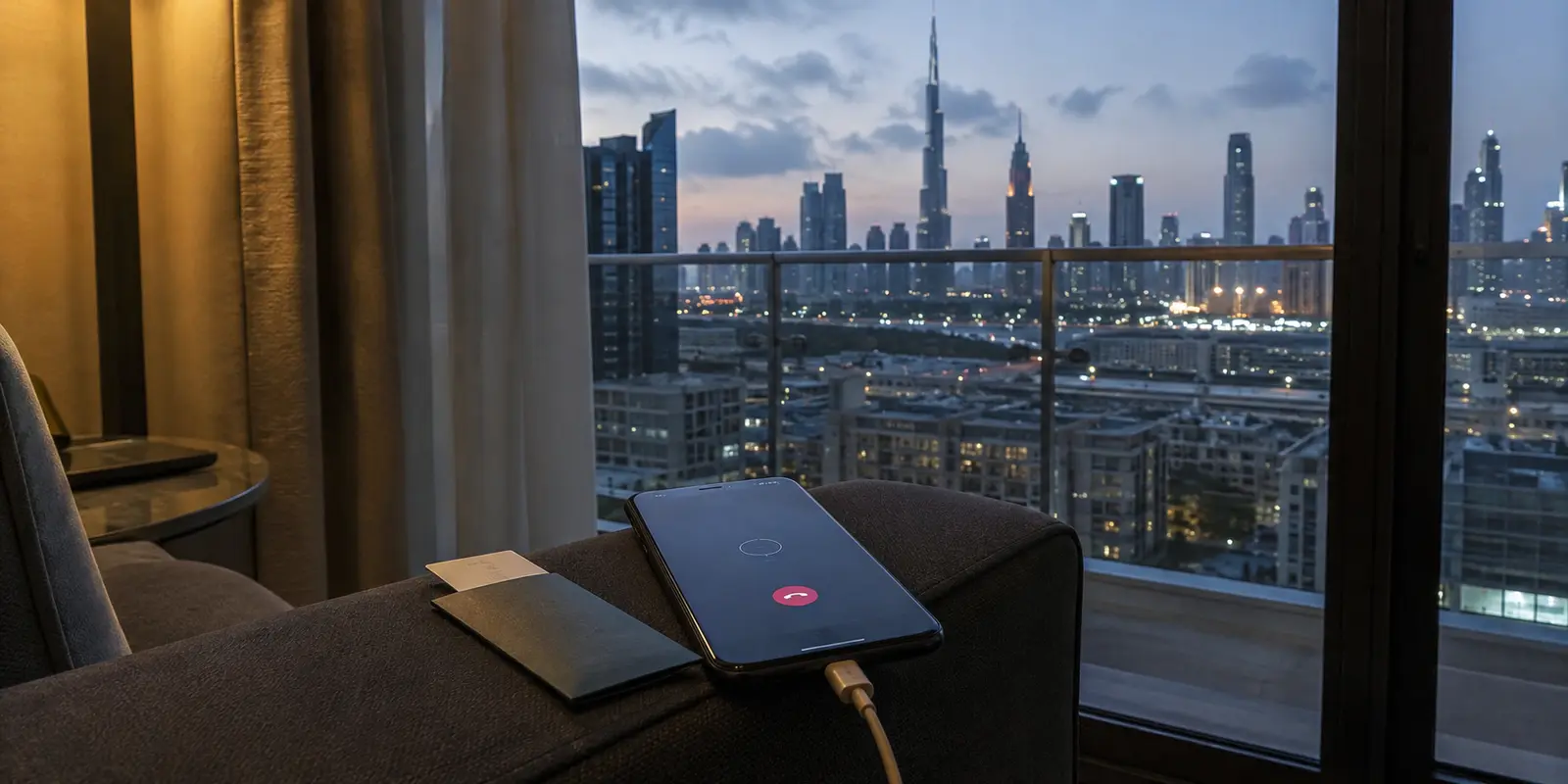 Telefone com uma chamada que não completa diante da paisagem urbana de Dubai ao anoitecer