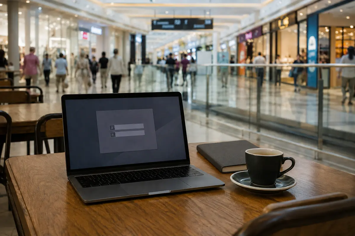 Notebook aberto em uma tela de acesso enquanto é usado em um café de shopping