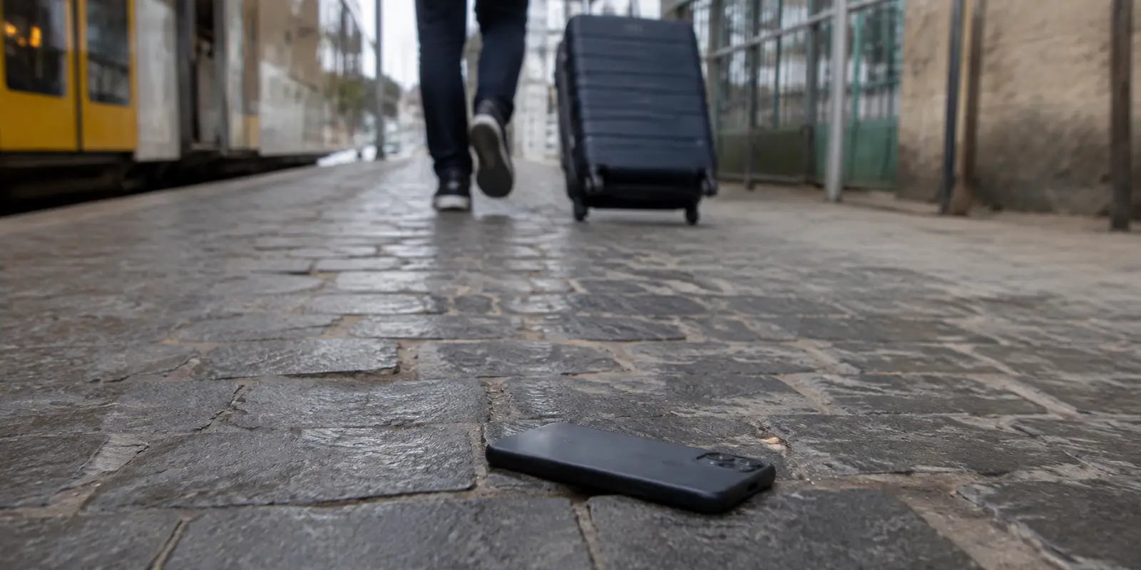 Celular perdido no pavimento enquanto um viajante se afasta com a mala em uma parada europeia