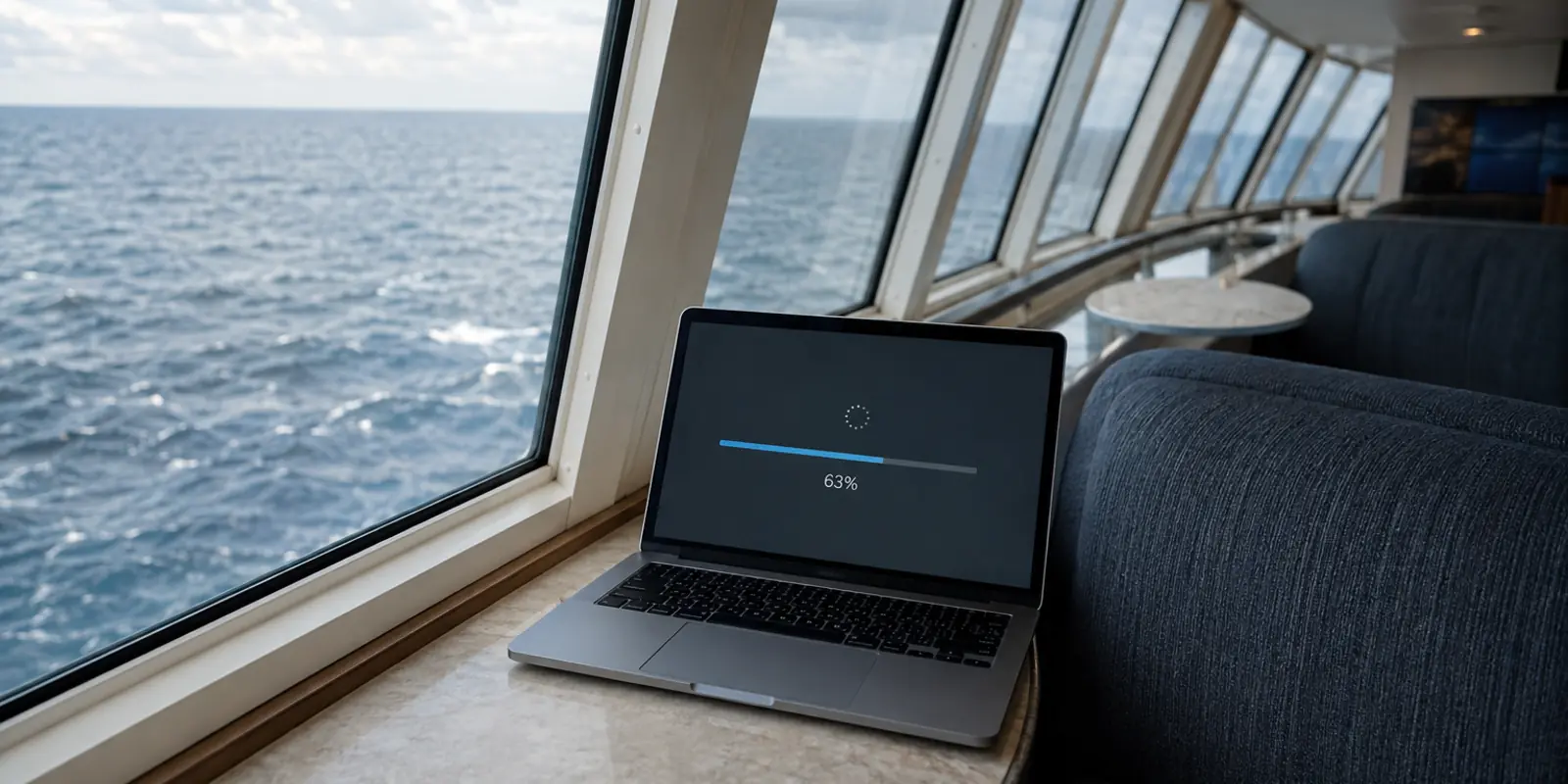 Notebook com um upload parado em 63% num lounge de observação de um navio de cruzeiro