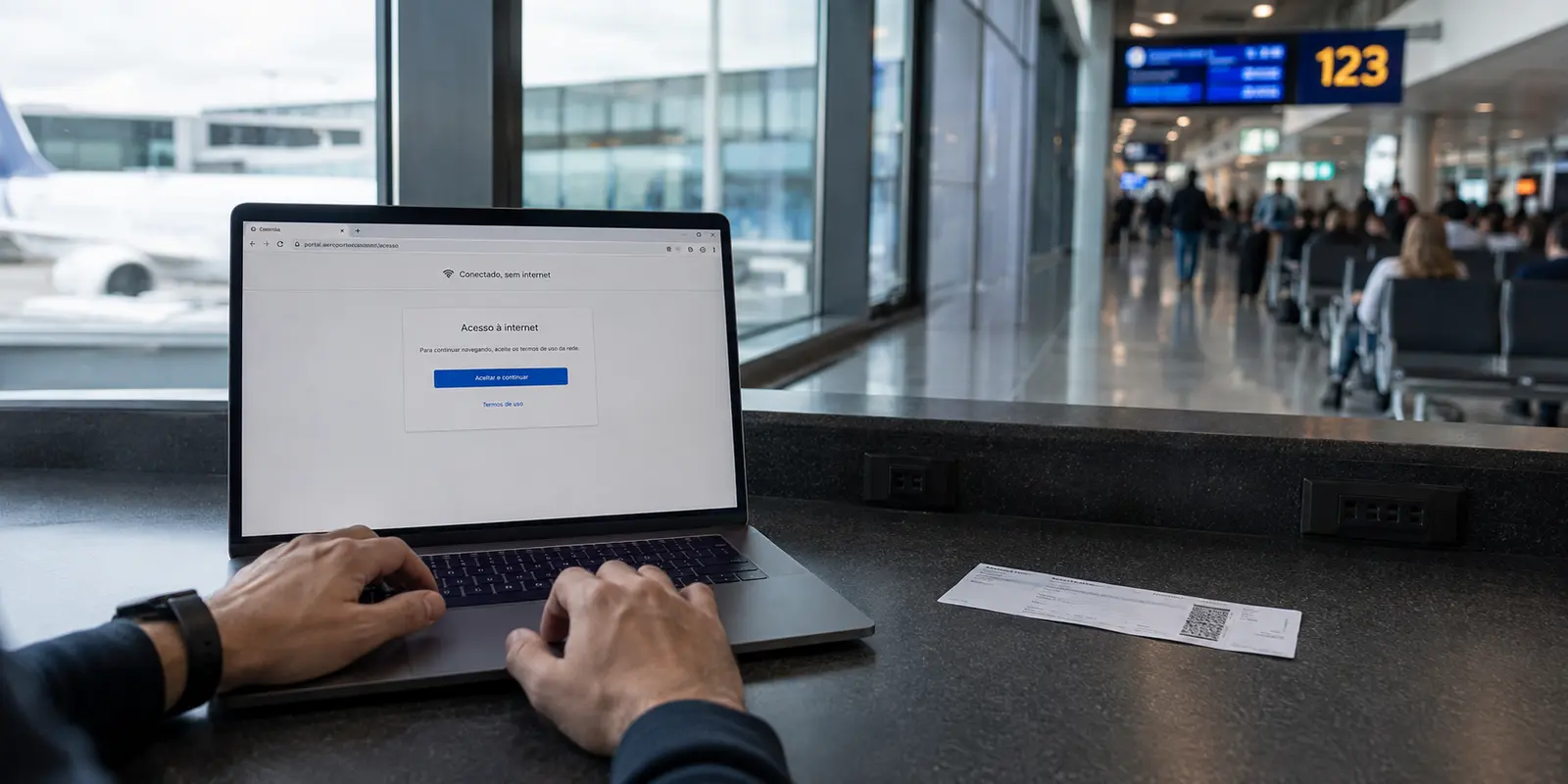 Notebook no portão de embarque exibindo o portal de acesso de uma rede Wi-Fi pública