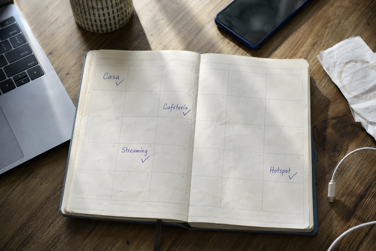 Calendario de un mes con pruebas de VPN en casa, cafetería, streaming y hotspot
