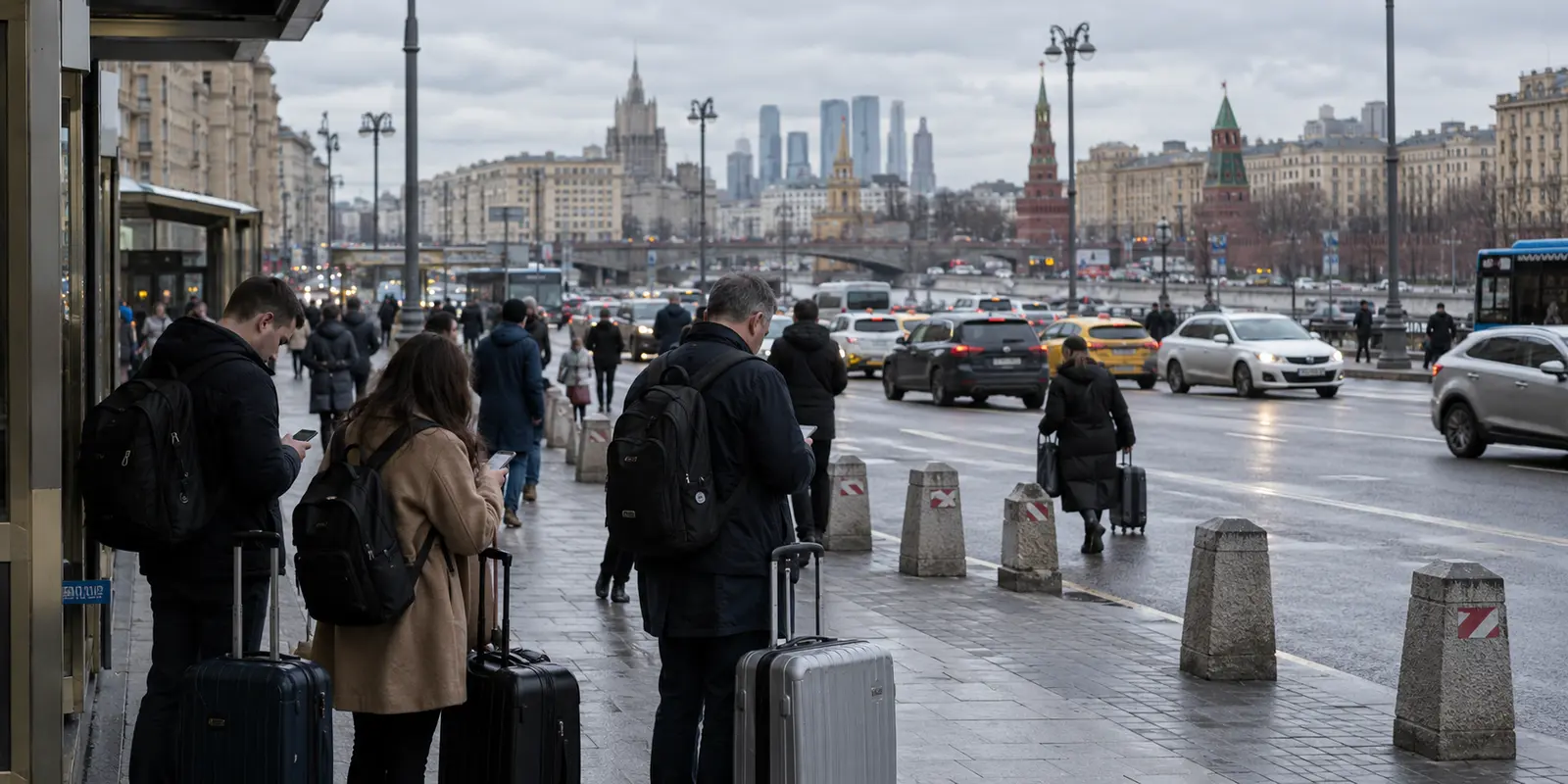 Travelers arriving in central Moscow check their phones beside their luggage